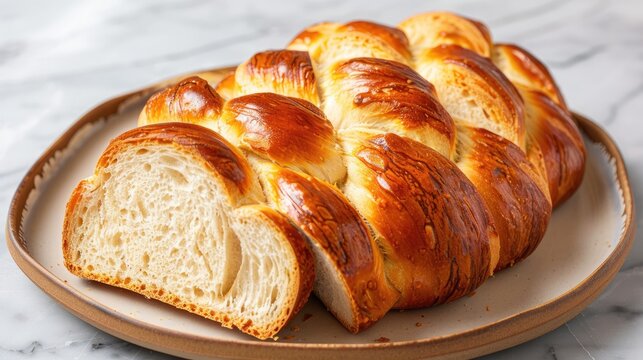 Sliced homemade braided bread on a plate