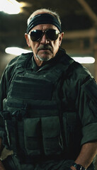 Fototapeta premium photo of older commander soldier in combat armor outfit on mission scene night , generative AI