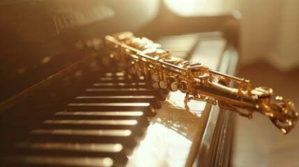 saxophone on piano keys with golden light