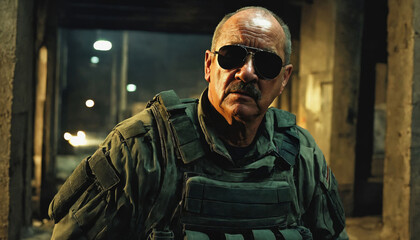 Fototapeta premium photo of older commander soldier in combat armor outfit on mission scene night , generative AI