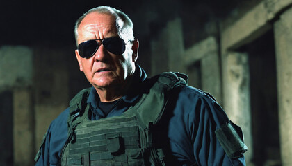 Fototapeta premium photo of older commander soldier in combat armor outfit on mission scene night , generative AI