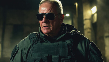 photo of older commander soldier in combat armor outfit on mission scene night , generative AI