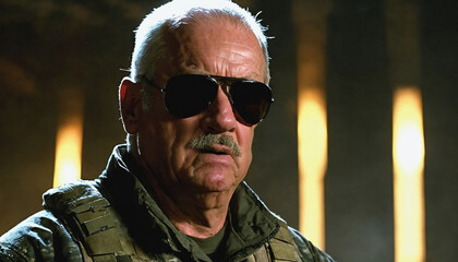 Fototapeta premium photo of older commander soldier in combat armor outfit on mission scene night , generative AI