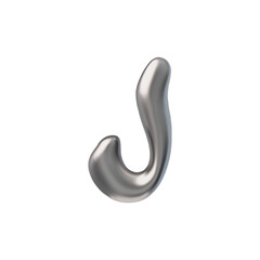 3D glossy silver capital letter J with liquid metal surface, vector realistic voluminous chrome bubble form y2k font
