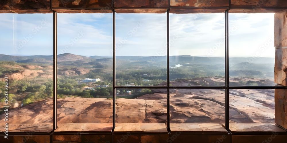 Poster collage of frames showcasing work in an iron ore quarry with multiple windows overlooking the quarry