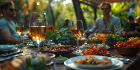 luxury healthy meal, wine glasses on table with fresh vegetable, farm to table dinning 