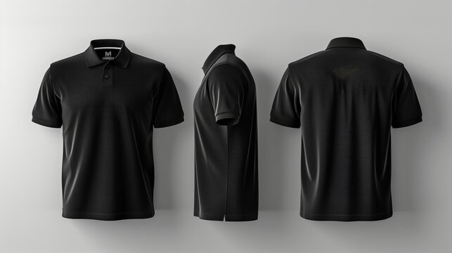 Realistic front and back mockup of male black polo shirt