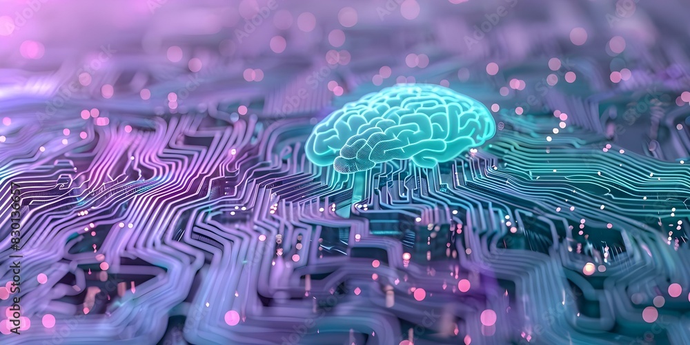 Poster big data processing technology: ai brain symbolizing data flow, querying, analysis, mining, and busi