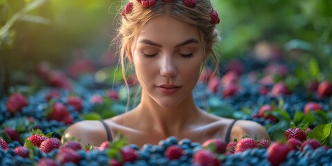 close up portrait of woman bathing with mix berries in nature green scenery,  wellness healthy with nature care concept