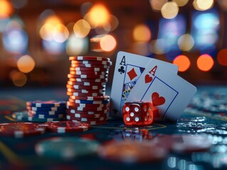 A deck of cards and a pile of chips on a table
