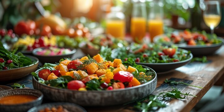 luxury healthy meal, wine glasses on table with fresh vegetable, farm to table dinning 