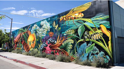 An artist creates a vibrant mural that celebrates the role of insects in sustainable eating on an urban street wall