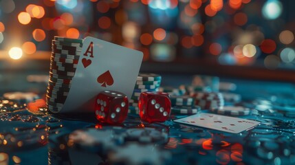A deck of cards and a pile of chips on a table