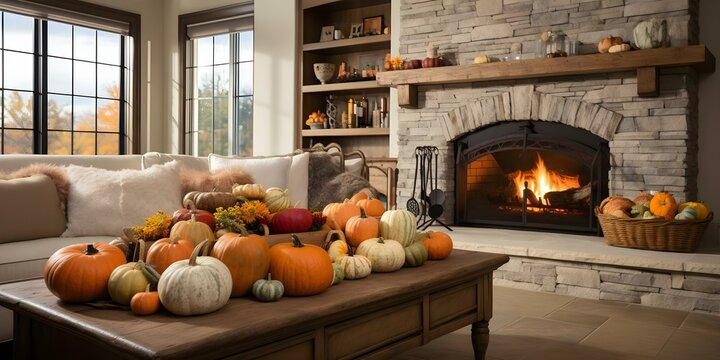 Thanksgivingthemed living room with sofa fireplace and pumpkins as decorations. Concept Thanksgiving Decor, Cozy Living Room Setup, Fall Vibes, Pumpkin Displays, Fireplace Arrangement