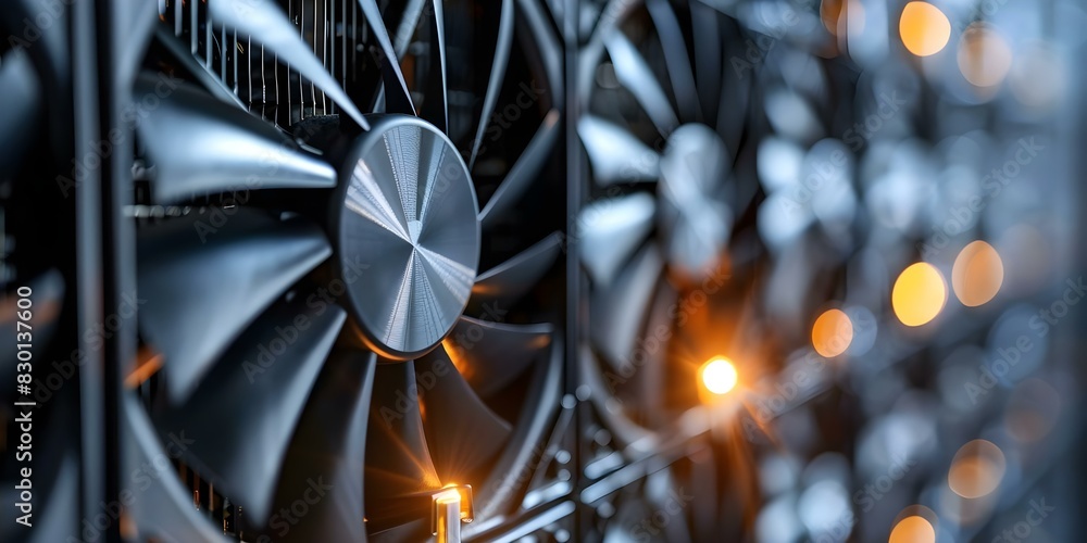 Poster closeup of computer fans inside a server crucial for cooling components and preventing overheating. 
