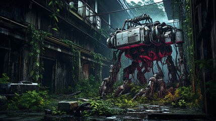 A futuristic mech robot stands in a decaying urban street, overgrown with vegetation.