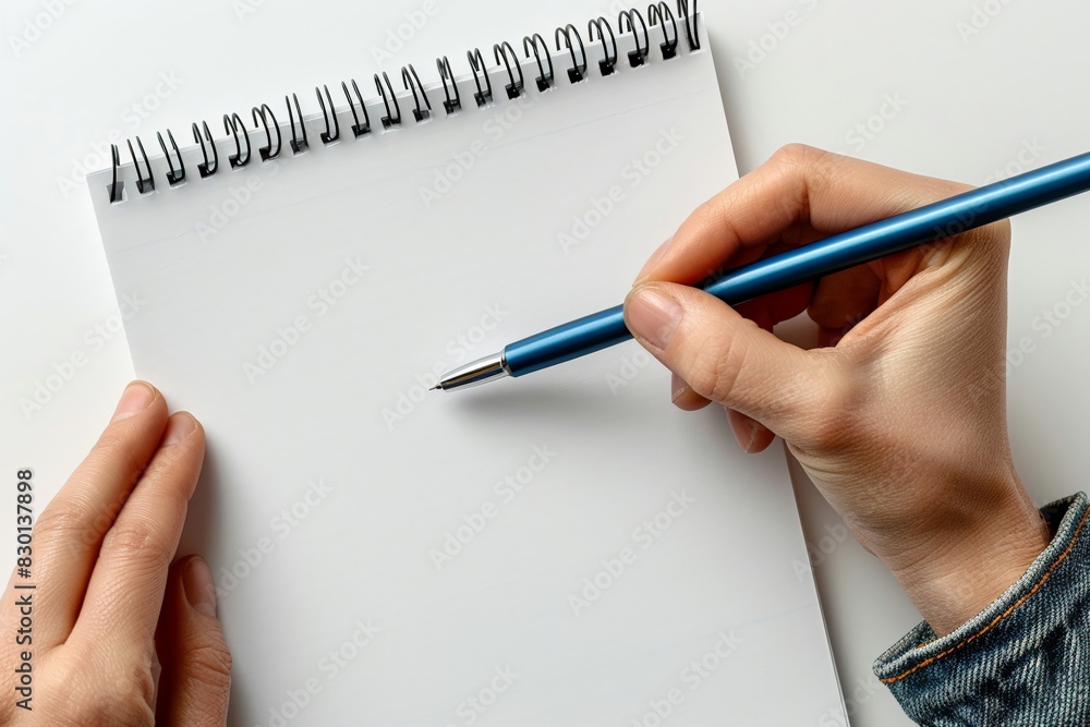 Poster hands with pen and notebook in office setting