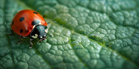 Naklejka premium Exploring the Intricate World of a Leaf Through the Eyes of a Ladybug. Concept Macro Photography, Nature Close-Up, Small World Wonders, Insect Perspective