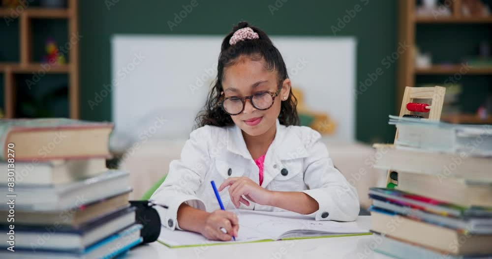 Poster education, thinking and writing with student girl in home for child development, learning or study. 