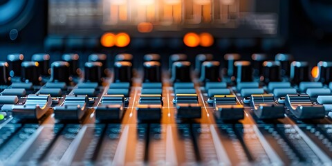 Professional music studio equipment mixing console in a live streaming session. Concept Recording studio equipment, Live streaming setup, Mixing console, Music production, Professional audio gear