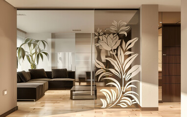 Contemporary glass door with a mirrored finish and subtle etched designs, set against a clean, modern interior.