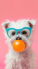 Fototapeta premium Cute white puppy wearing blue sunglasses and chewing gum, pet photo, wallpaper, wall art. Copy space with place for text.