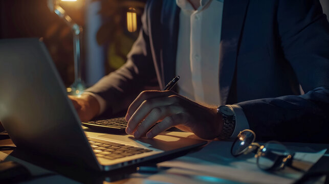 Poster with a businessman who uses a laptop and a calculator analyzes financial documents preparing a sales plan for Black Friday