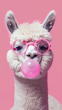 Cute lama alpaca with bubblegum in trendy pink sunglasses, isolated on pink background with copy space and place for text.
