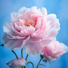 Gentle pink peony on a blue background. Spring. Floral background. Spring flowers, mood.
