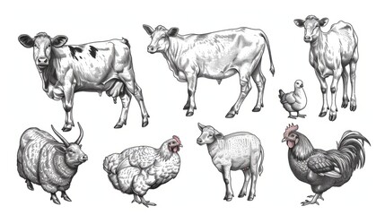 Obraz premium Animals meet types ink illustrations set, hand drawn illustrations of cow, chicken, pig, sheep, goat and duck. Domestic farm animals isolated on white background, vector illustrations