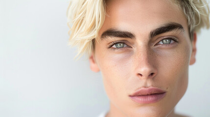 Naklejka premium Close-up portrait of a young man with freckles and blonde hair. Intense gaze and natural beauty