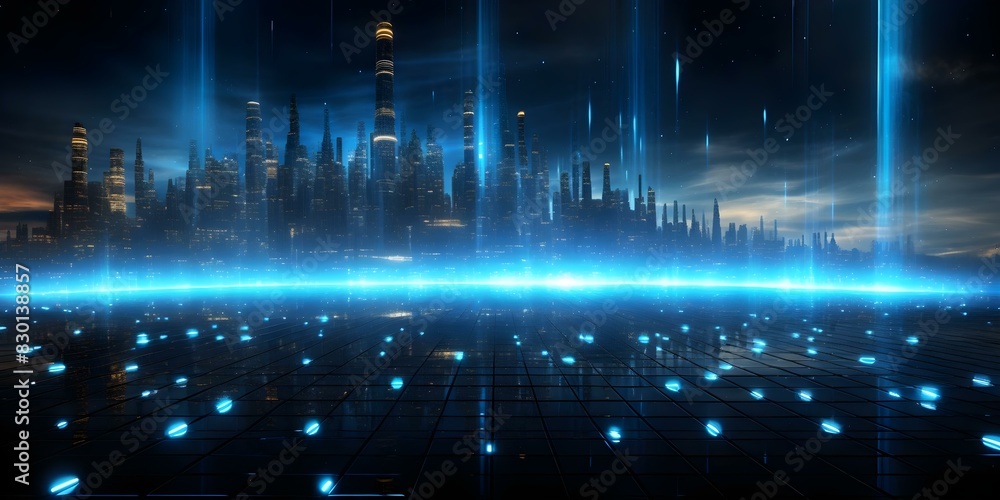 Poster data flow in virtual world: a digital landscape of formidable technology. concept virtual reality, d