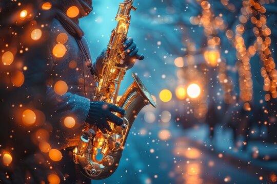 A close-up of a jazz musician's hands playing a saxophone, featuring a sparkling bokeh background
