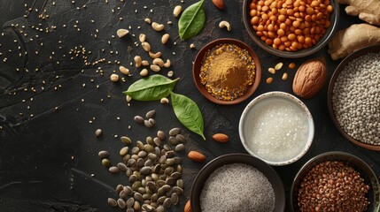 Assorted vegan ingredients for plant-based food and beverages.