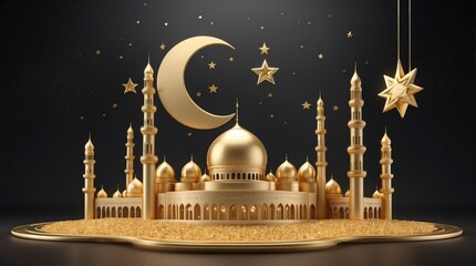 Gold moon stars, 3D mosque scene