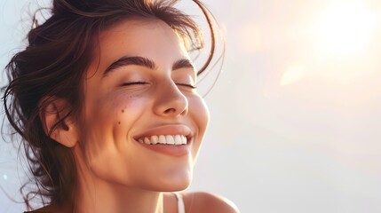 Radiating happiness, a woman savors the joy of sunbathing, her expression exuding pure delight as she enjoys the serenity, captured in stunning detail against a white background