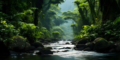 River flowing through vibrant green mountains and lush rainforest landscape. Concept River photography, Nature landscapes, Tropical rainforest, Mountain scenery, Freshwater streams