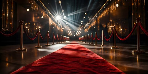 Glamorous Night Event with Red Carpet, Spotlights, and Velvet Rope Entrance. Concept Red Carpet Arrival, Celebrity Moments, Exclusive VIP Party, Glamorous Outfits, Elegant Decor