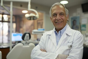 Obraz premium Mature dentist, confident, professional, digital SLR, standard zoom, daytime, dental portrait, digital, high realism, soft light. , background blur