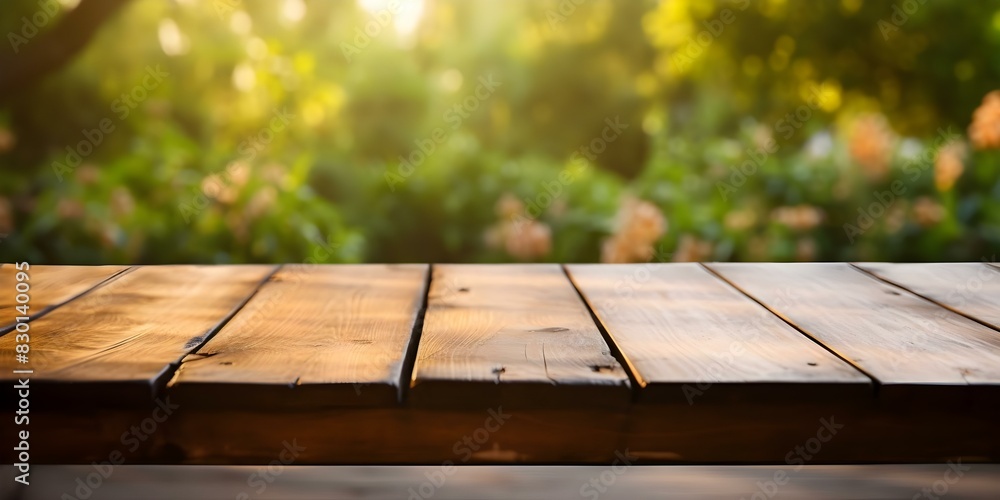 Poster blurred bokeh background with selective focus on empty wooden table. concept bokeh photography, sele