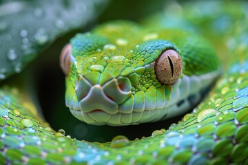 Fototapeta premium A tranquil scene of a green snake coiled up and resting on vivid green leaves, showcasing harmony in nature
