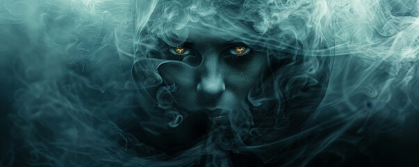 Mystical face emerging from smoke with intense eyes, capturing a dark and atmospheric scene filled with mystery and intrigue.