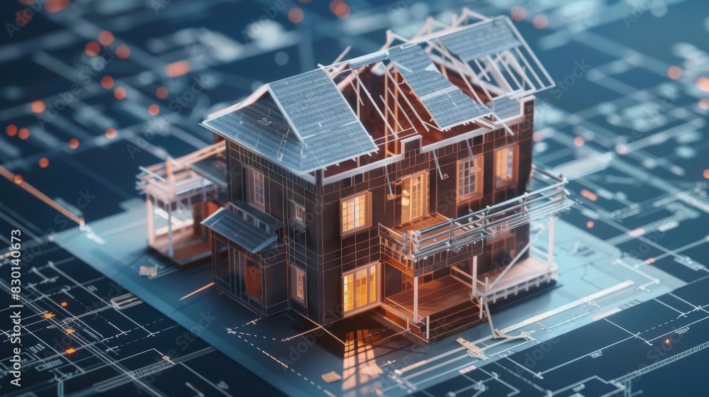 Poster building house on blueprints - construction project. generative ai