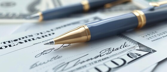 Close-up of elegant pens and signed bank checks, depicting financial transactions and business paperwork.