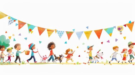 Fototapeta premium A cheerful parade of children holding hands and walking under colorful banners on a bright day, evoking joy and festivity.