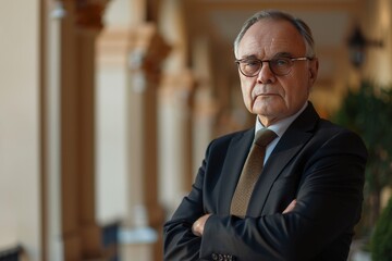 Fototapeta premium Mature diplomat, confident, professional, digital SLR, standard zoom, daytime, embassy portrait, digital, high realism, diplomatic light. , background blur