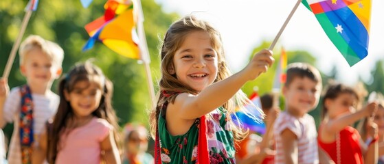Joyful children at an outdoor event waving colorful flags, celebrating diversity and unity on a sunny day.