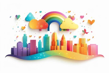 Colorful paper art cityscape with rainbow, clouds, and hearts. Vibrant urban skyline illustration with whimsical design elements.