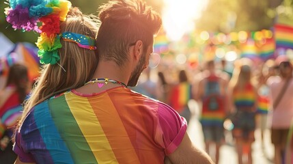 Couple embraces at a vibrant Pride parade, celebrating love and diversity with colorful outfits and rainbow flags in the background.