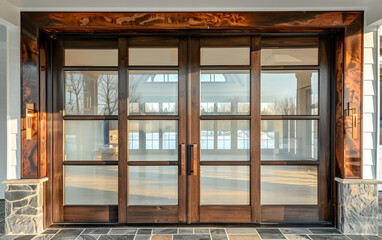 Double glass doors featuring a mix of clear and frosted panels, framed by polished wooden accents.
